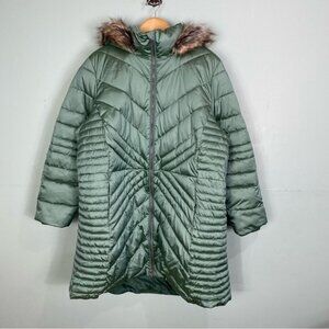Lands End‎ Puffer Jacket Primaloft Faux Fur Hood Zip Up Sz 2X Green Fleece Lined
